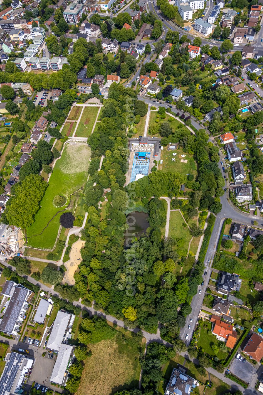 Castrop-Rauxel from the bird's eye view: Building of the restaurant Parkbad Sued - a former outdoor pool on street Am Stadtgarten in the district Obercastrop in Castrop-Rauxel at Ruhrgebiet in the state North Rhine-Westphalia, Germany