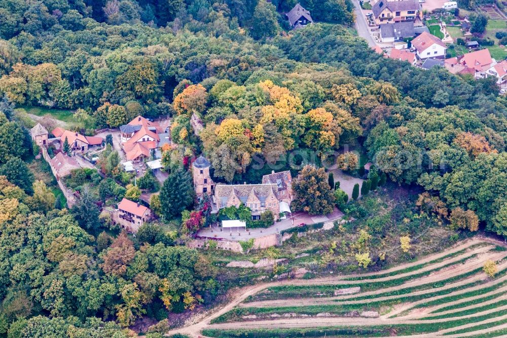 Sankt Martin from above - Building of the restaurant Schloss Kropsburg in Sankt Martin in the state Rhineland-Palatinate, Germany