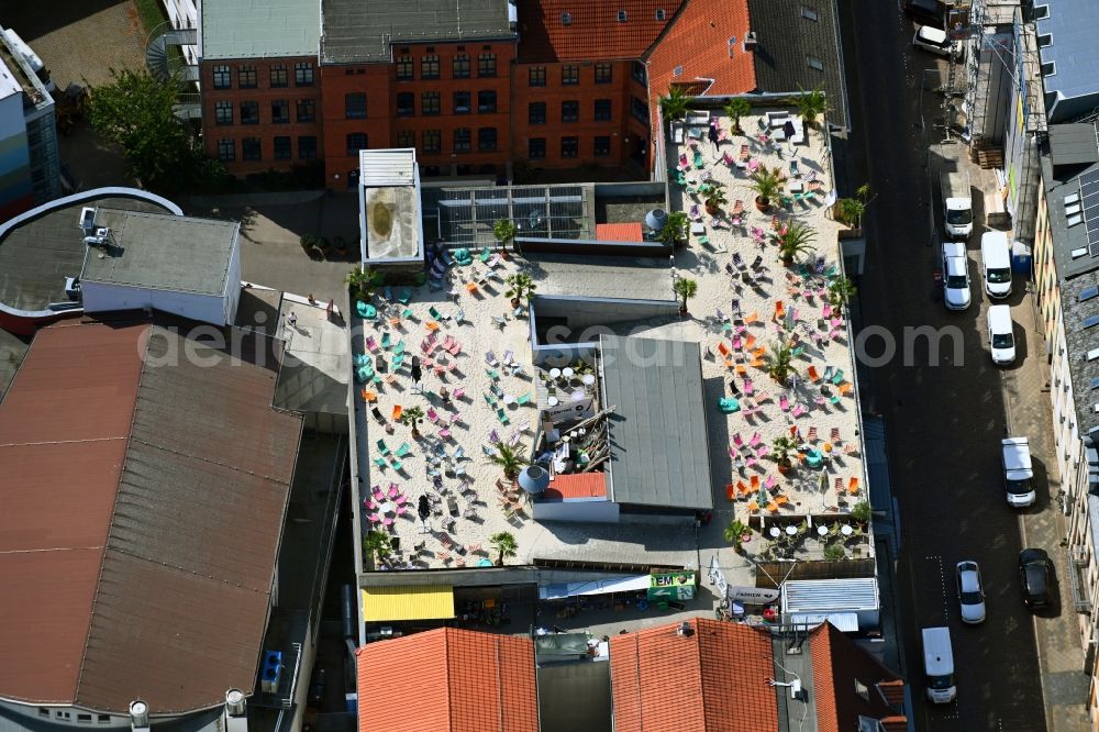 Schwerin from above - Building of the restaurant Sky Beach Club in the district Altstadt on the Arsenalstrasse in Schwerin in the state Mecklenburg - Western Pomerania, Germany