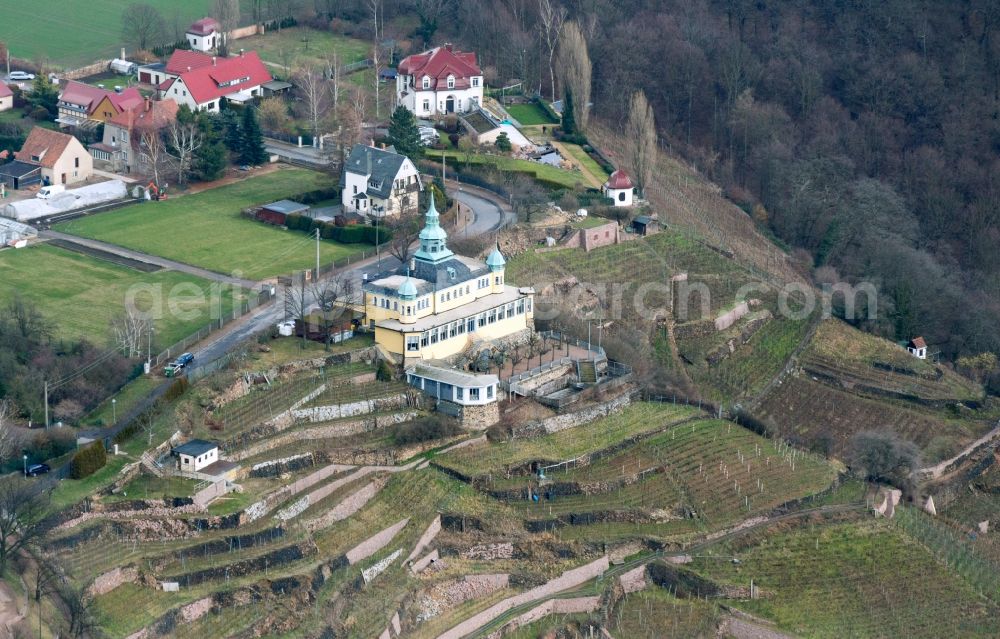 Radebeul from above - Building of the restaurant Spitzhaus in Radebeul in the state Saxony. The Spitzhaus is a former summerhouse in the Saxon town of Radebeul