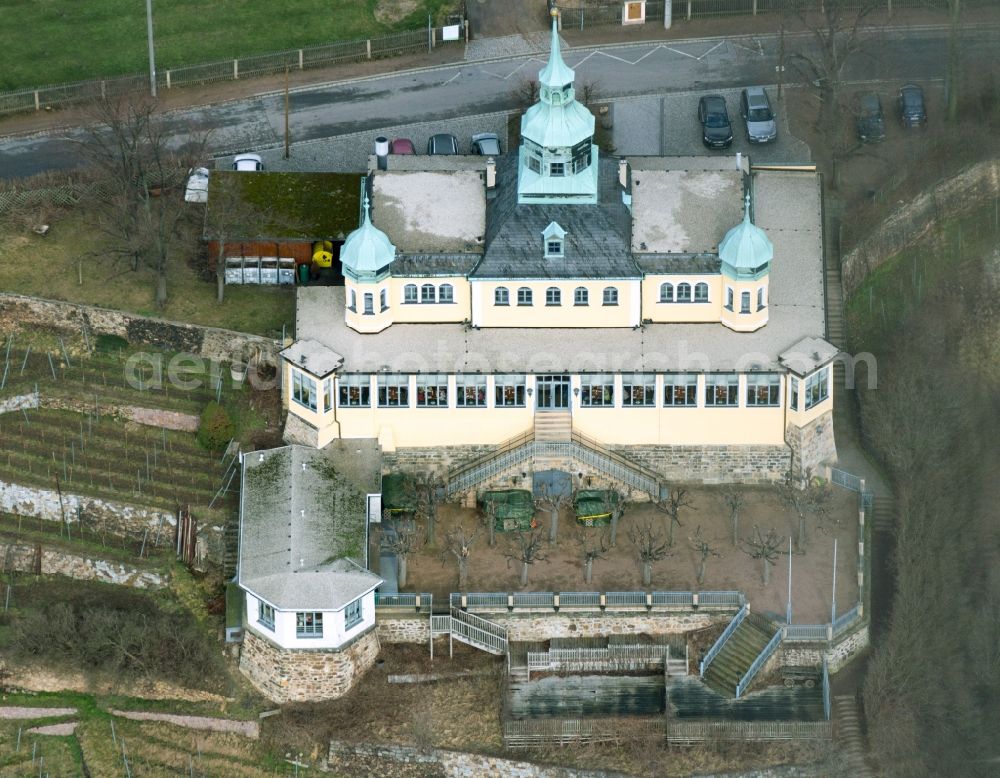 Aerial image Radebeul - Building of the restaurant Spitzhaus in Radebeul in the state Saxony. The Spitzhaus is a former summerhouse in the Saxon town of Radebeul