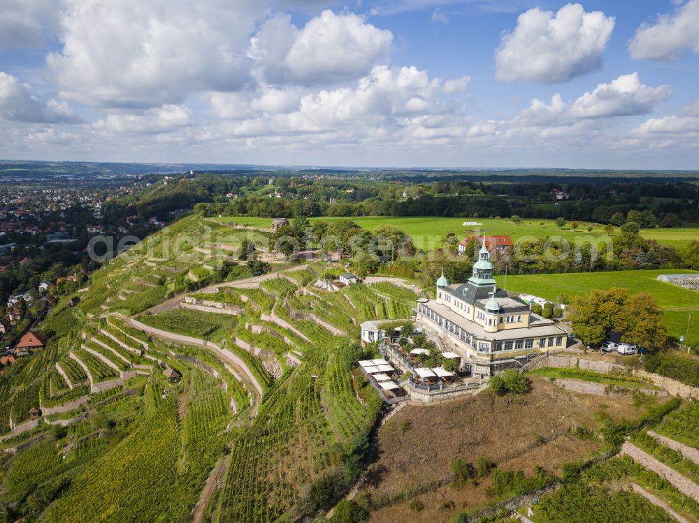 Aerial image Radebeul - Building of the restaurant Spitzhaus in Radebeul in the state Saxony. The Spitzhaus is a former summerhouse in the Saxon town of Radebeul