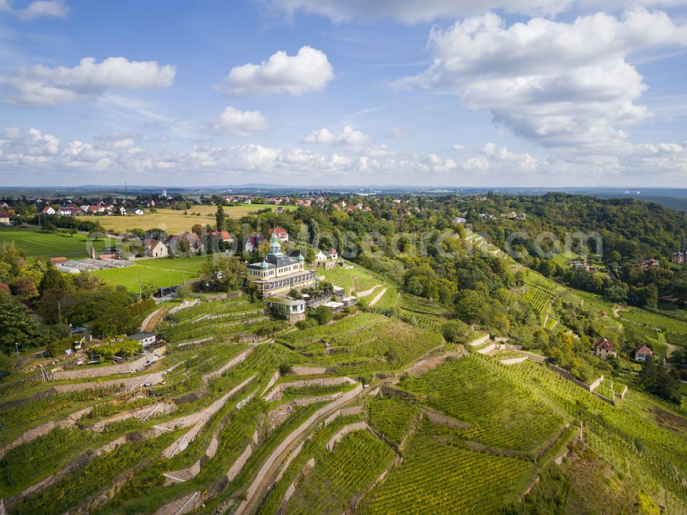 Radebeul from above - Building of the restaurant Spitzhaus in Radebeul in the state Saxony. The Spitzhaus is a former summerhouse in the Saxon town of Radebeul