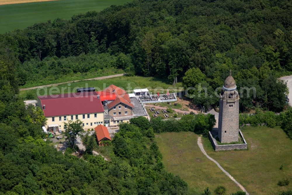 Bad Kissingen from above - Building of the restaurant of Wittelsbacher Turm Braeu GmbH in Bad Kissingen in the state Bavaria, Germany