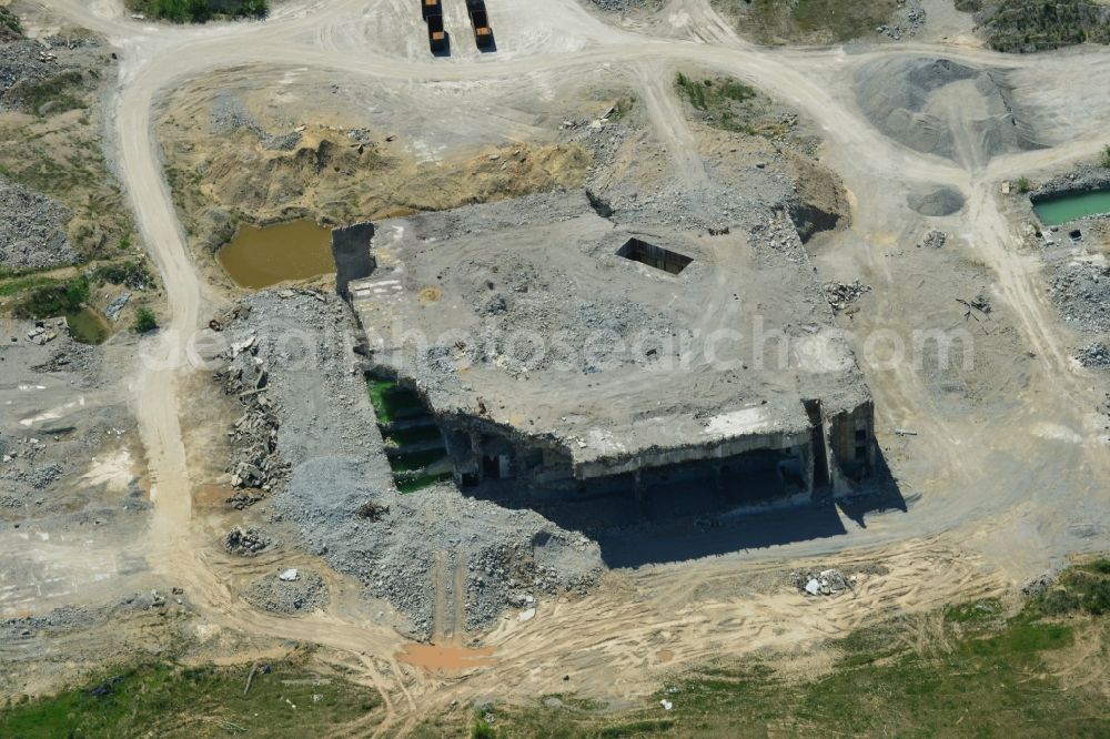 Aerial image Arneburg - Building remains of the ruins of the reactor units and facilities of the NPP - NPP nuclear power plant northeast of Stendal in Arneburg in the state Saxony-Anhalt