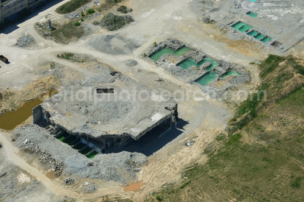 Aerial image Arneburg - Building remains of the ruins of the reactor units and facilities of the NPP - NPP nuclear power plant northeast of Stendal in Arneburg in the state Saxony-Anhalt