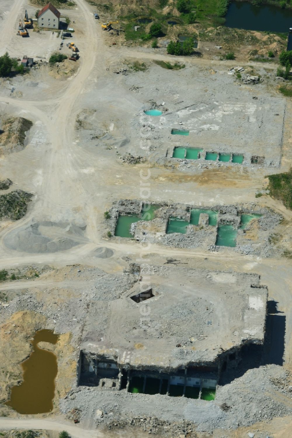 Arneburg from above - Building remains of the ruins of the reactor units and facilities of the NPP - NPP nuclear power plant northeast of Stendal in Arneburg in the state Saxony-Anhalt