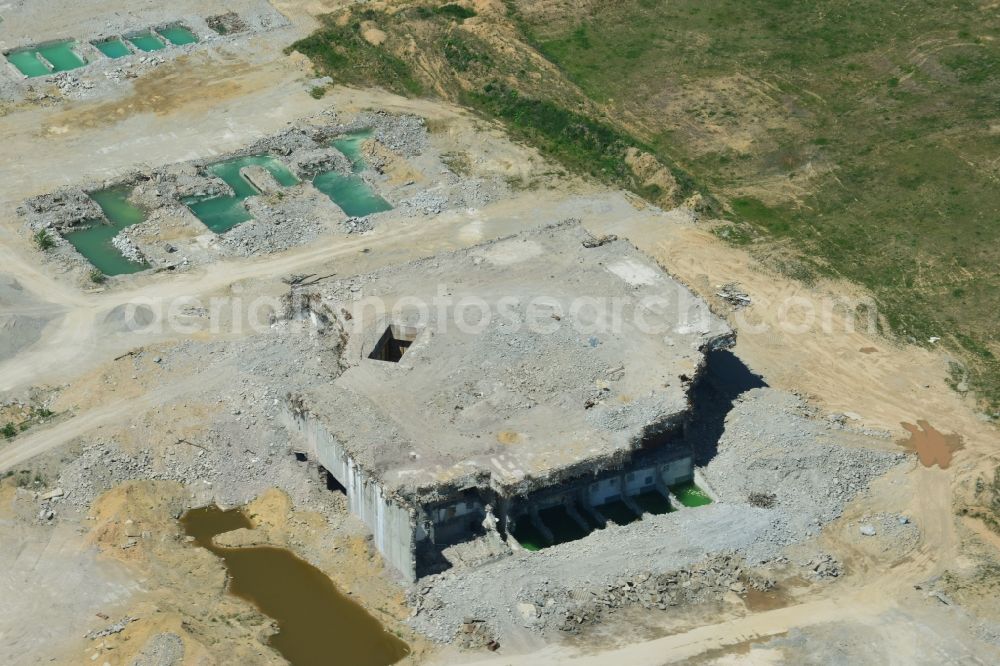 Aerial image Arneburg - Building remains of the ruins of the reactor units and facilities of the NPP - NPP nuclear power plant northeast of Stendal in Arneburg in the state Saxony-Anhalt