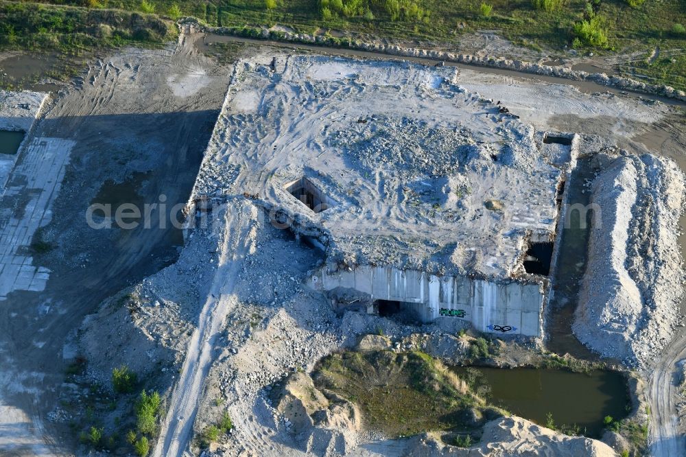 Aerial image Arneburg - Building remains of the ruins of the reactor units and facilities of the NPP - NPP nuclear power plant northeast of Stendal in Arneburg in the state Saxony-Anhalt