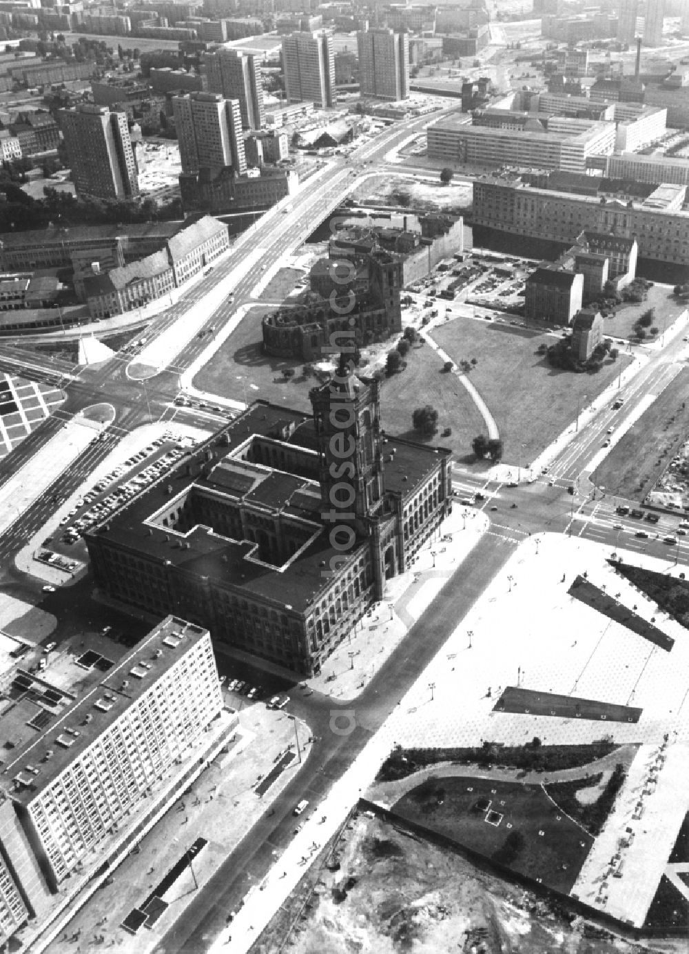 Aerial image Berlin - Building Red Town Hall and Ruinie the Nikolai Church in torn Nikolai District Downtown middle of downtown Berlin in Germany Berlin