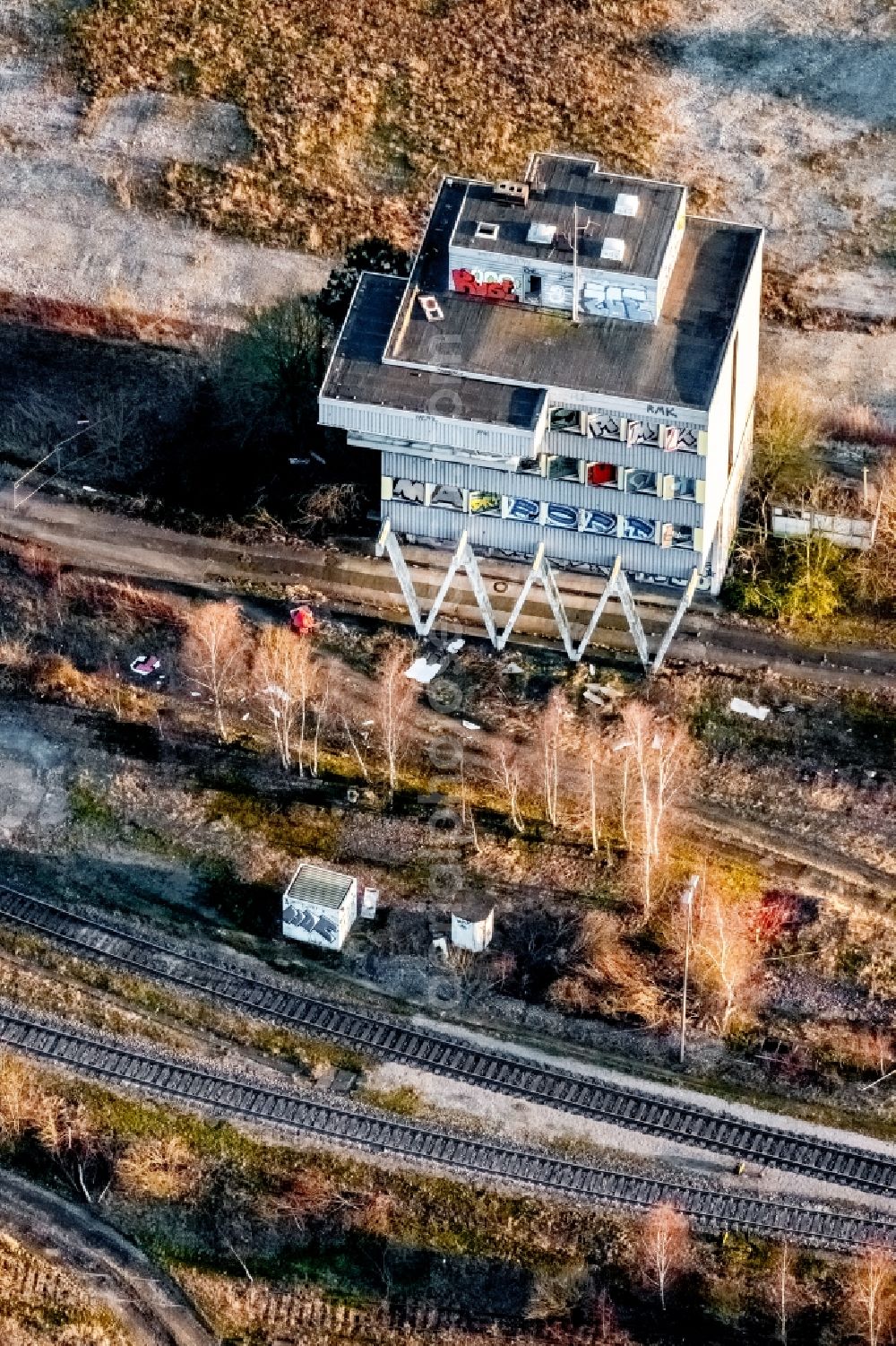 Dortmund from above - Ruin of vacant building - logistic building on marshalling yard in Dortmund in the state North Rhine-Westphalia, Germany