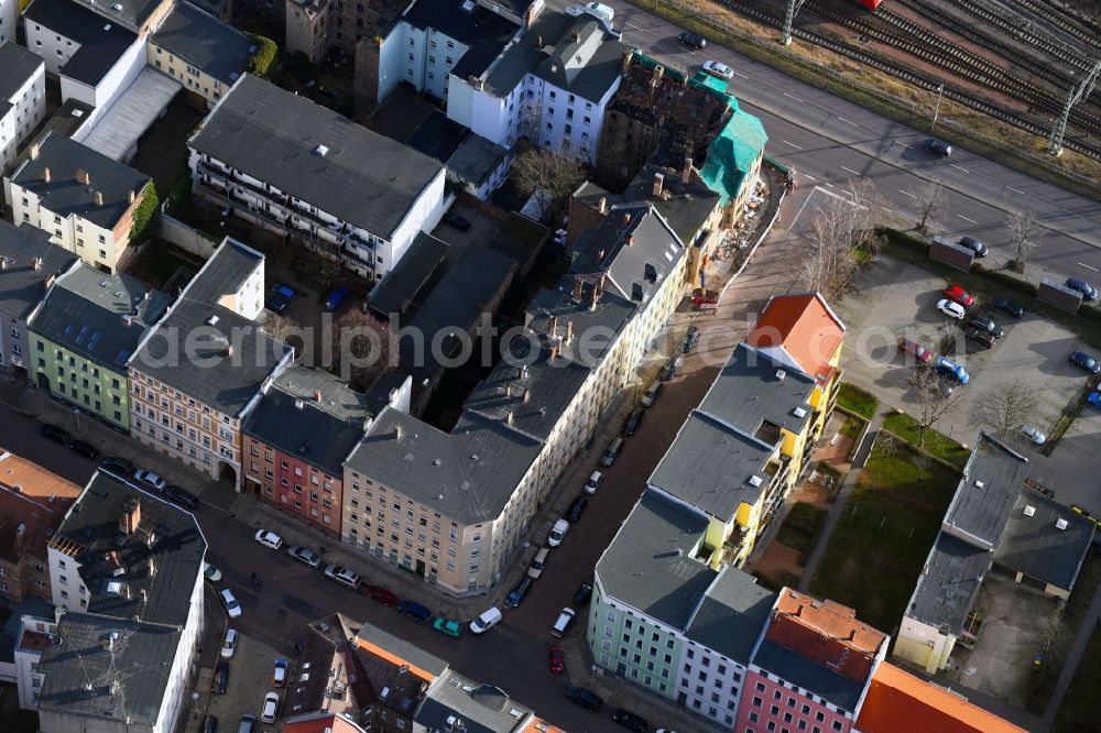 Halle (Saale) from above - Ruin of vacant building Volkmannstrasse corner Dzondistrasse in Halle (Saale) in the state Saxony-Anhalt, Germany