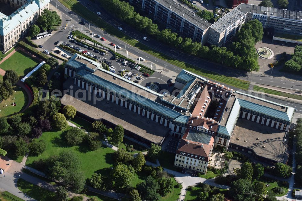 Dresden from above - Castle hotel building Bellevue in Dresden in the state Saxony, Germany