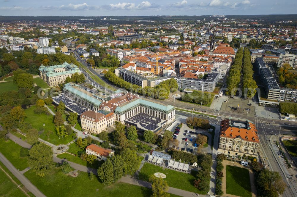 Dresden from above - Castle hotel building Bellevue in Dresden in the state Saxony, Germany