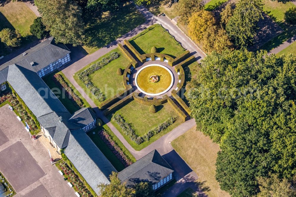 Bad Driburg from above - Castle hotel building Graeflicher Park Health & Balance Resort on Brunnenallee in Bad Driburg in the state North Rhine-Westphalia, Germany