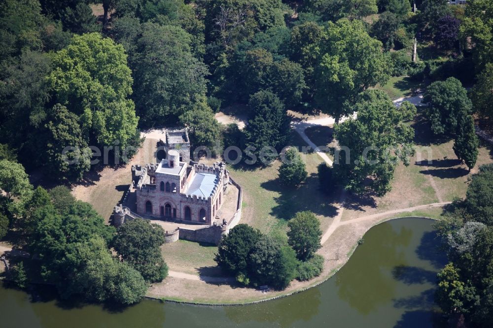 Wiesbaden from above - Building and Castle Park of the Moosburg in Wiesbaden in the state Hesse. The Mosburg (formerly Moosburg) is an artificial ruin at the edge of Mosburgweihers in Biebrich Palace Park in Wiesbaden