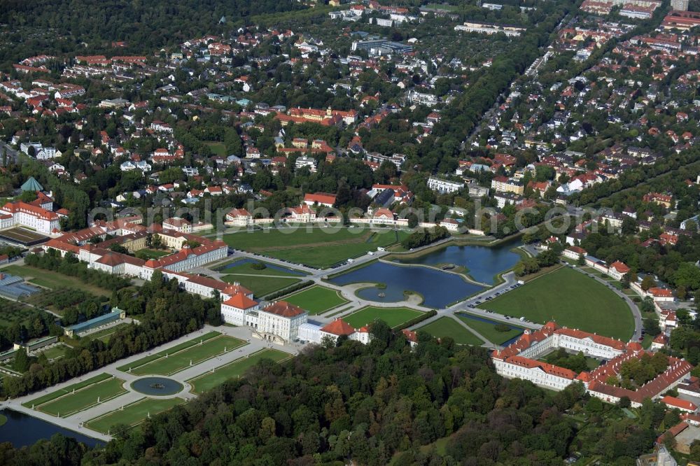 München from above - Building and Castle Park Castle Nymphenburg im Stadtteil Neuhausen-Nymphenburg in Munich in the state Bavaria