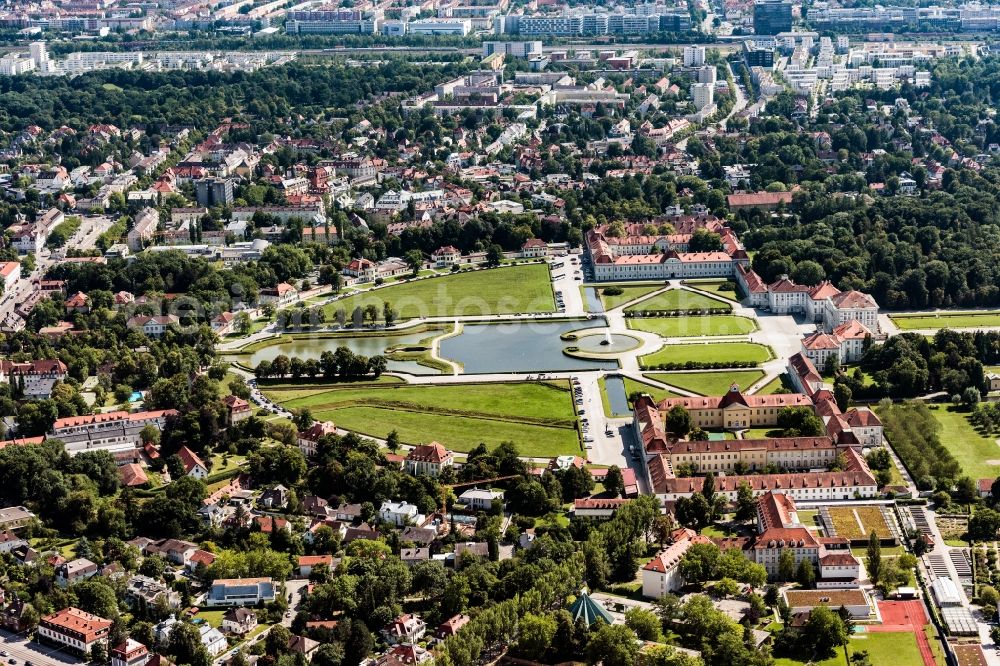 München from above - Building and Castle Park Castle Nymphenburg im Stadtteil Neuhausen-Nymphenburg in Munich in the state Bavaria