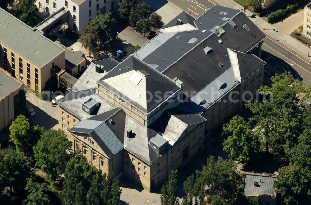 Meiningen from above - Building of Südthüringisches State Theatre - Meiningen Theatre on the banks of the lake in the English Garden in Meiningen in Thuringia