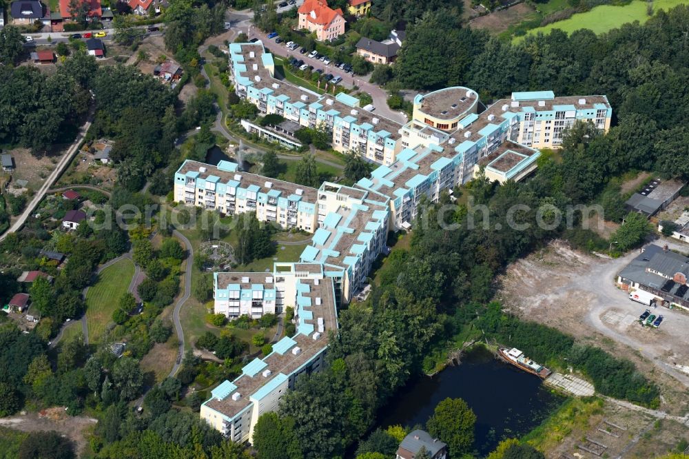 Kleinmachnow from above - Building of the retirement center Augustinum Kleinmachnow on Erlenweg in Kleinmachnow in the state Brandenburg, Germany