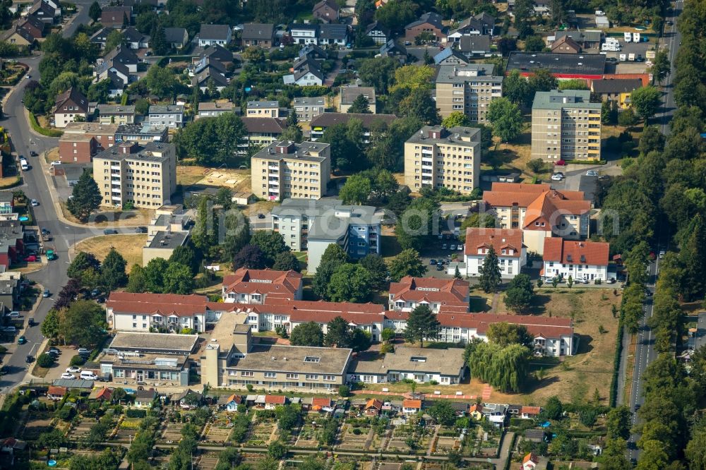 Aerial image Bergkamen - Building of the retirement center Hermann-Goerlitz-Seniorenzentrum on Marie-Juchacz-Strasse in Bergkamen in North Rhine-Westphalia, Deurschland