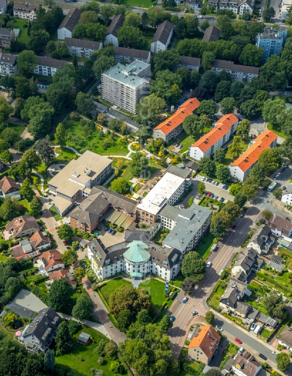 Essen from above - Building of the retirement center Kloster Emmaus in Essen in the state North Rhine-Westphalia, Germany