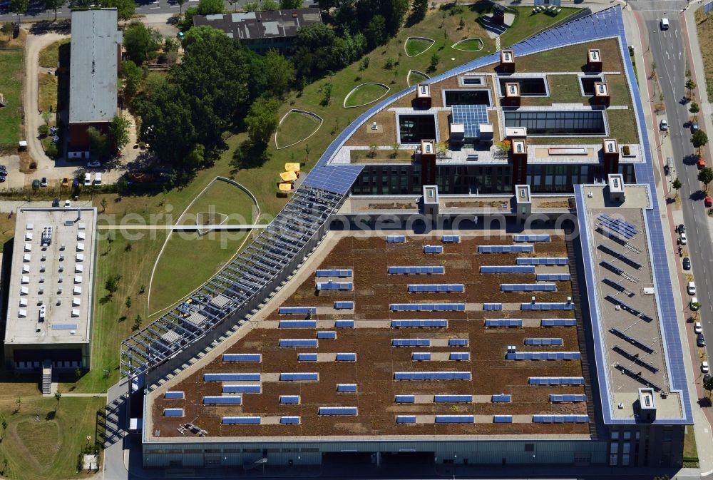 Berlin from the bird's eye view: View of the administration and production building of the SOLON SE, one of the largest manufacturers of solar modules in Europe as well as a supplier of solar system technology for large-scale rooftop and greenfield installations. SOLON’s core business is producing solar modules and photovoltaic systems along with planning and constructing large rooftop installations and turnkey solar power plants all over the world