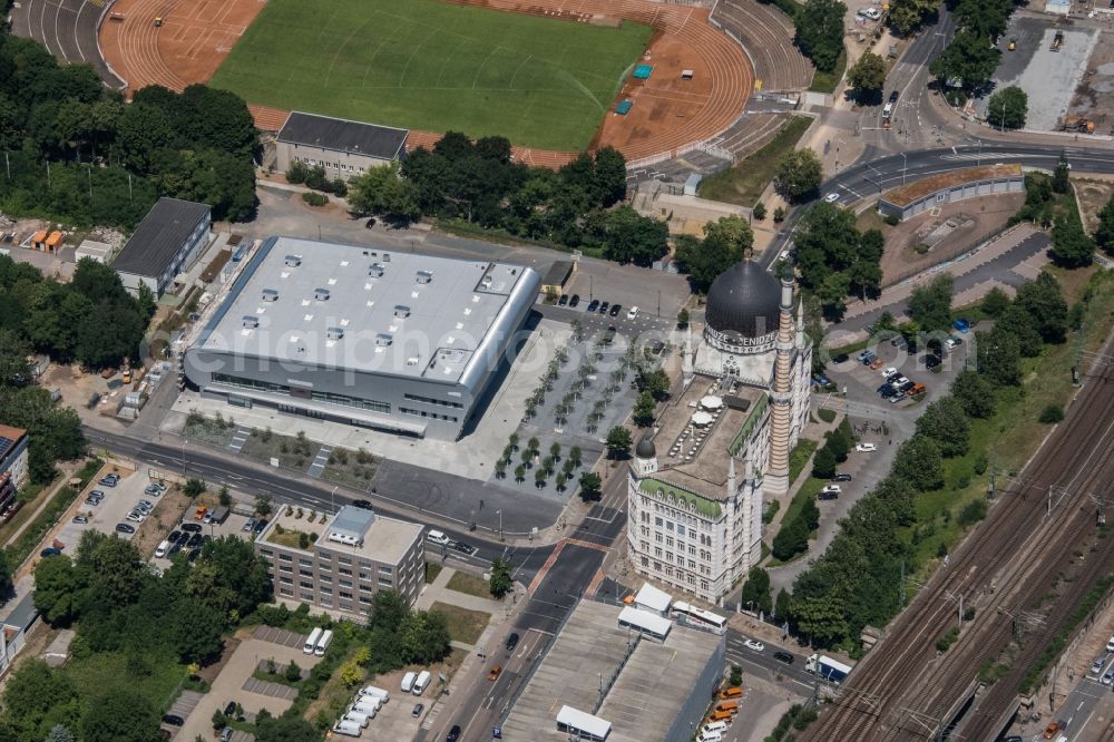 Aerial photograph Dresden - Roof on the building of the sports hall BallsportARENA Dresden on Weisseritzstrasse in the district Altstadt in Dresden in the state Saxony, Germany