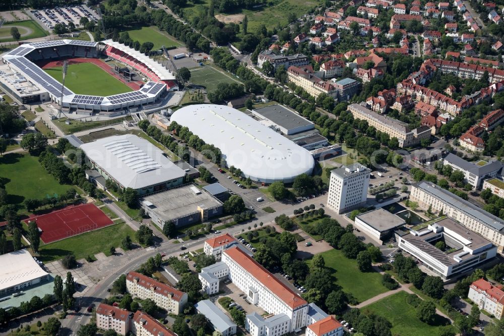 Aerial image Erfurt - Roof on the building of the sports hall of Eissportzentrum Erfurt on Arnstaedter Strasse in Erfurt in the state Thuringia, Germany