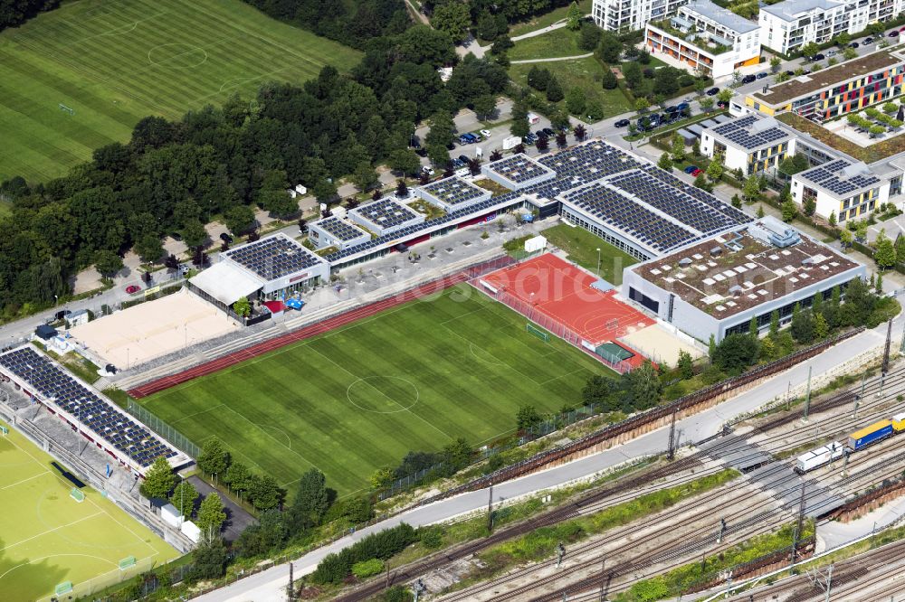 München from above - Roof on the building of the sports hall of ESV Muenchen in Munich in the state Bavaria, Germany