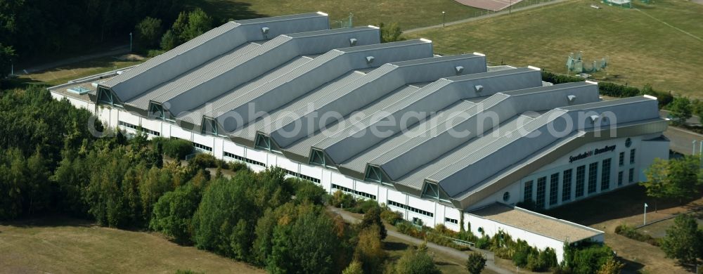 Halle (Saale) from above - Roof on the building of the sports hall Brandberge at the street Kreuzvorweg in Halle (Saale) in the state Saxony-Anhalt