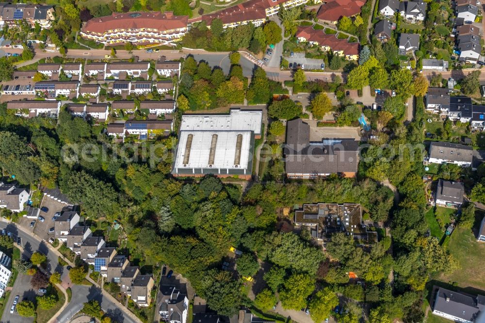 Herdecke from above - Roof on the building of the sports hall Kirchende Am Berge in Herdecke in the state North Rhine-Westphalia, Germany