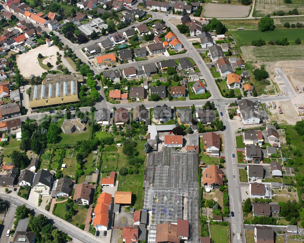 Philippsburg from the bird's eye view: Roof on the building of the sports hall in the residential area on street Kirchstrasse in the district Rheinsheim in Philippsburg in the state Baden-Wuerttemberg, Germany