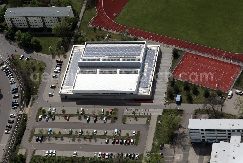 Erfurt from above - Roof on the building of the sports hall Riethsporthalle on Essener Strasse in the district Rieth in Erfurt in the state Thuringia, Germany