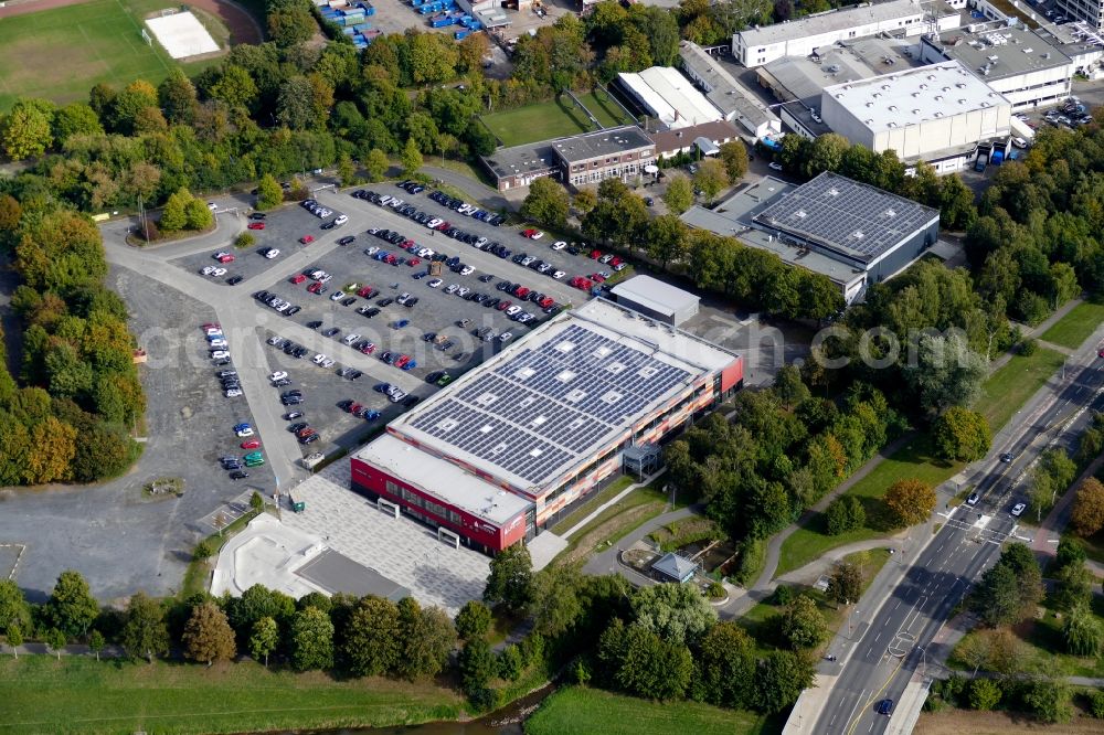 Göttingen from above - Roof on the building of the sports hall Sparkassen-Arena in Goettingen in the state Lower Saxony, Germany