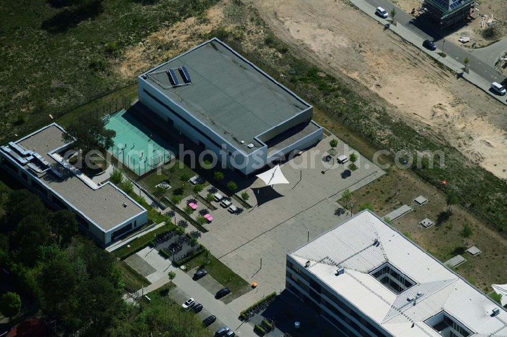 Aerial image Stahnsdorf - Roof on the building of the sports hall and Sportplatz of Vicco-von-Buelow-Gymnasium on Heinrich-Zille-Strasse in Stahnsdorf in the state Brandenburg, Germany