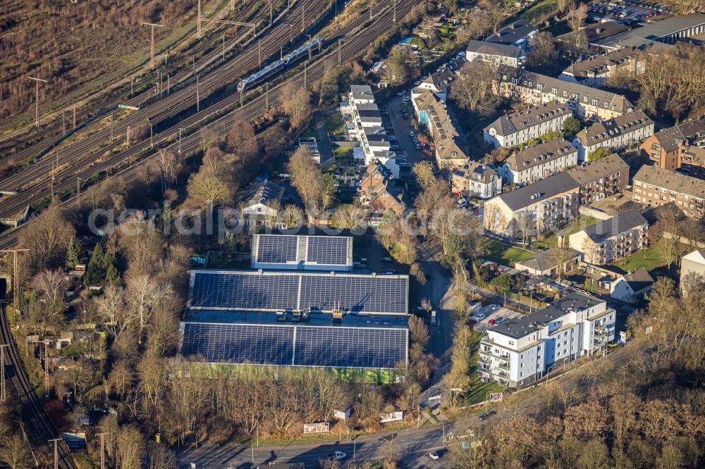 Duisburg from the bird's eye view: Building of the sports hall Superfly Duisburg with roof solar system on Sternbuschweg in the district Neudorf-Sued in Duisburg in the Ruhr area in the state North Rhine-Westphalia, Germany