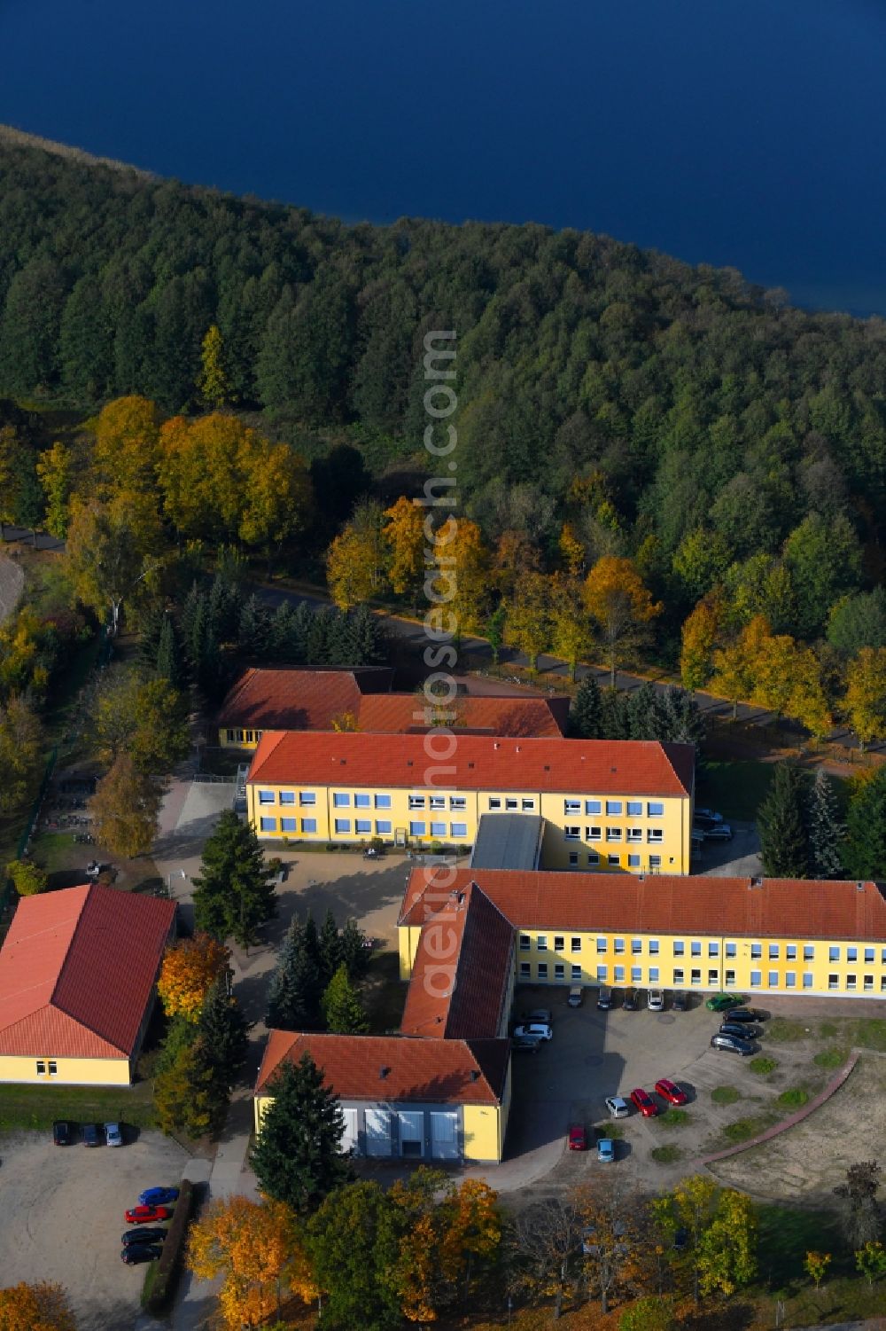 Aerial image Wandlitz - Roof on the building of the sports hall TTV Wandlitz on Prenzlauer Chaussee in Wandlitz in the state Brandenburg, Germany