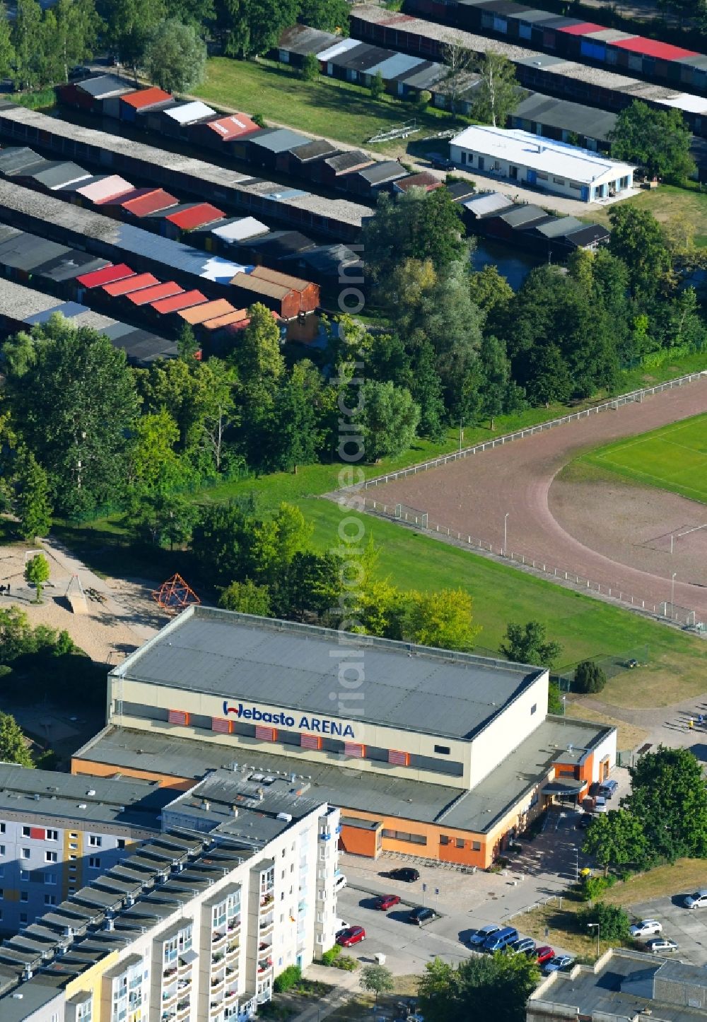 Aerial image Neubrandenburg - Roof on the building of the sports hall Webasto Arena on Binsenwerder in Neubrandenburg in the state Mecklenburg - Western Pomerania, Germany