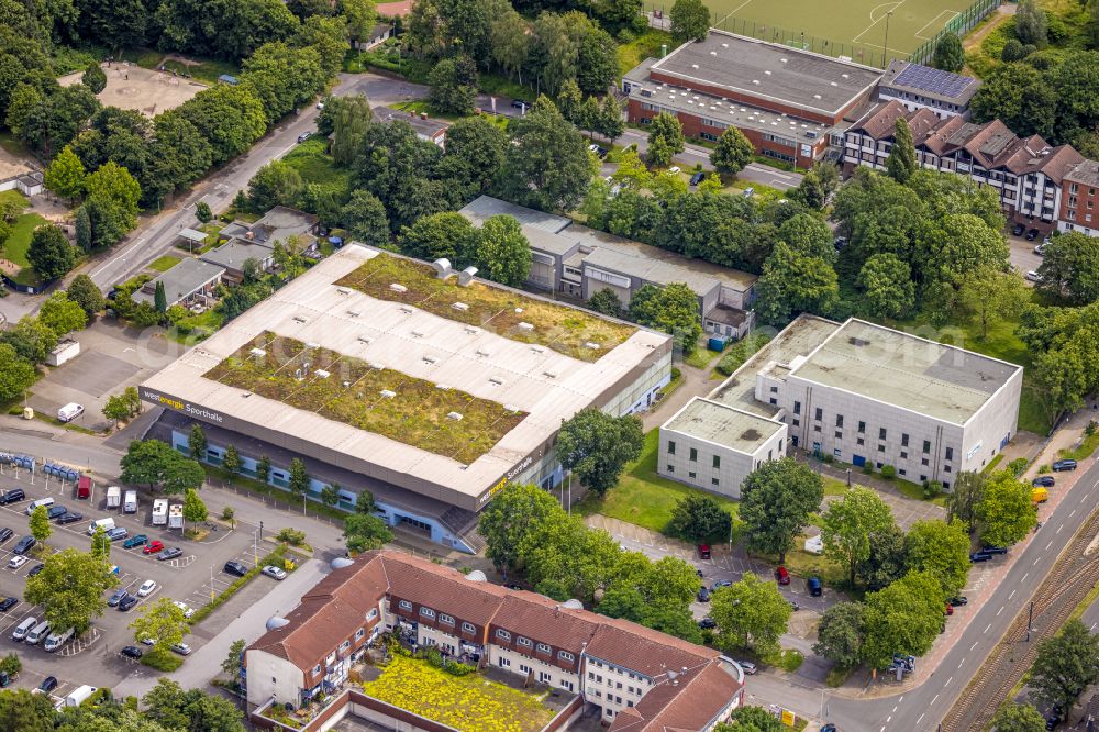 Aerial image Mülheim an der Ruhr - Roof on the building of the sports hall Westenergie sports hall in Muelheim on the Ruhr at Ruhrgebiet in the state North Rhine-Westphalia, Germany