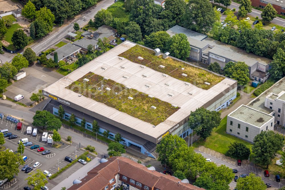 Aerial photograph Mülheim an der Ruhr - Roof on the building of the sports hall Westenergie sports hall in Muelheim on the Ruhr at Ruhrgebiet in the state North Rhine-Westphalia, Germany