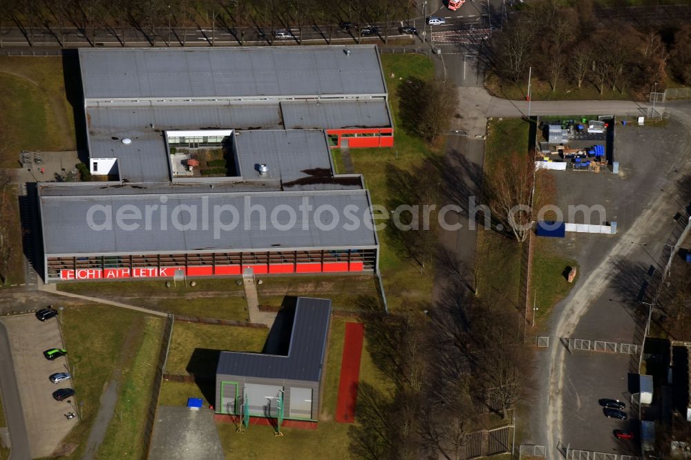 Leipzig from above - Building of sports hall Ensemble LAZ Nordanlage Judohalle Am Sportforum in the district Mitte in Leipzig in the state Saxony