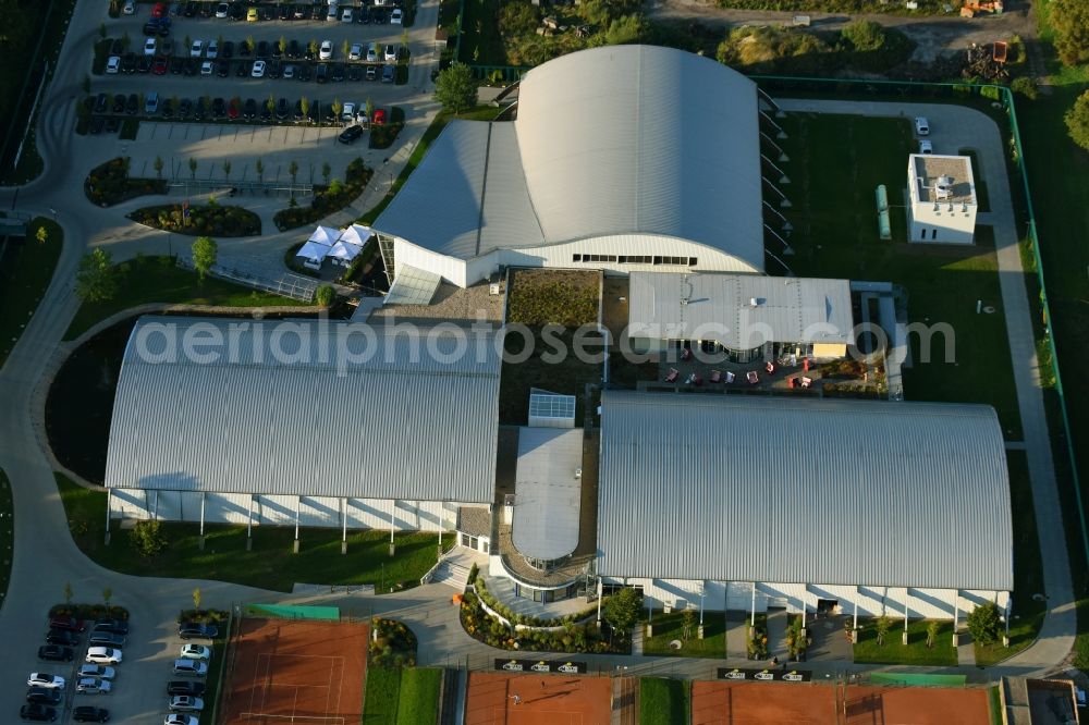 Magdeburg from above - Building of sports hall Ensemble Life in Herrenkrug on Herrenkrugstrasse in the district Herrenkrug in Magdeburg in the state Saxony-Anhalt, Germany