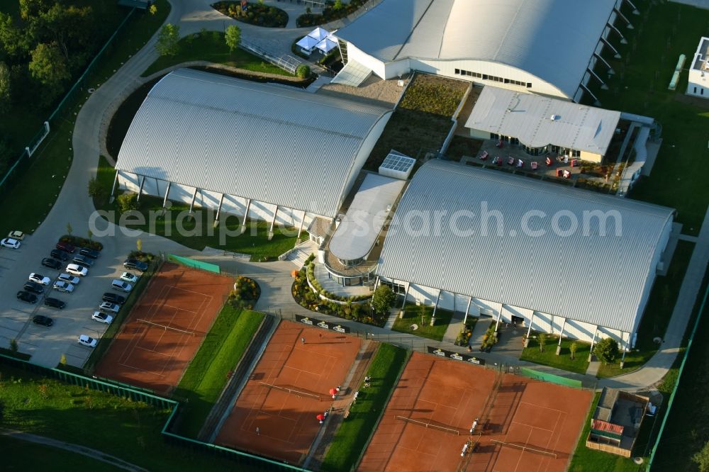 Aerial image Magdeburg - Building of sports hall Ensemble Life in Herrenkrug on Herrenkrugstrasse in the district Herrenkrug in Magdeburg in the state Saxony-Anhalt, Germany