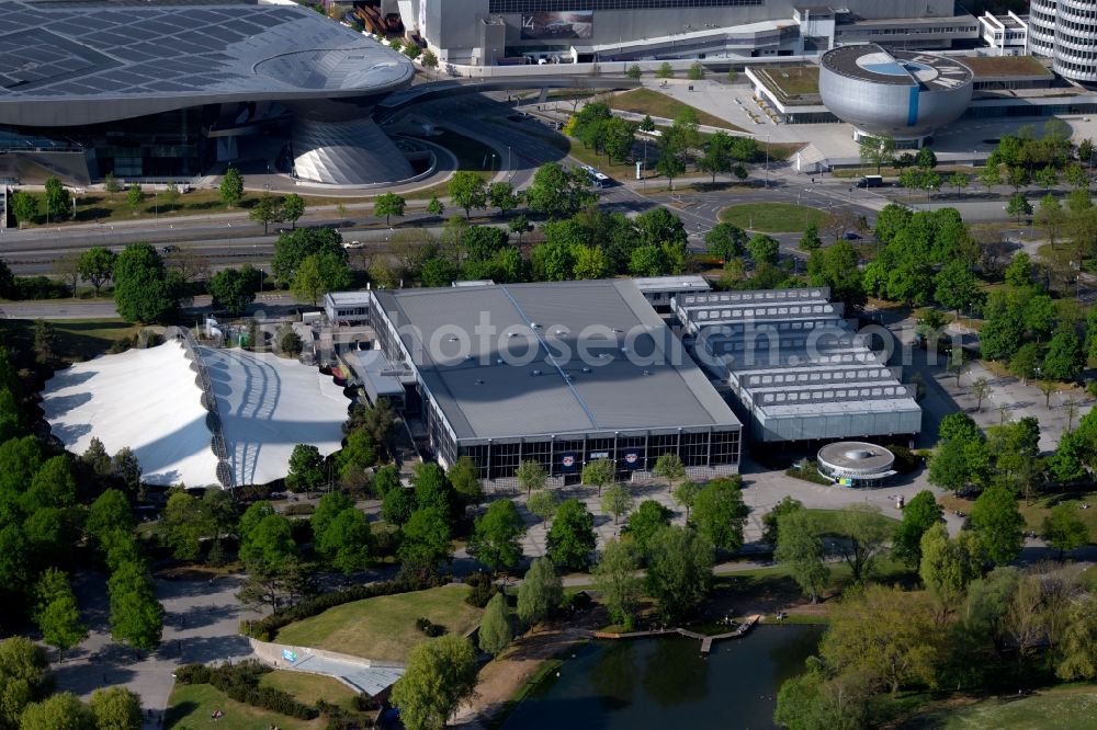 Aerial photograph München - Building of sports hall Ensemble of Olympia-Eissportzentrum and SoccArena on Spiridon-Louis-Ring in the district Milbertshofen-Am Hart in Munich in the state Bavaria, Germany