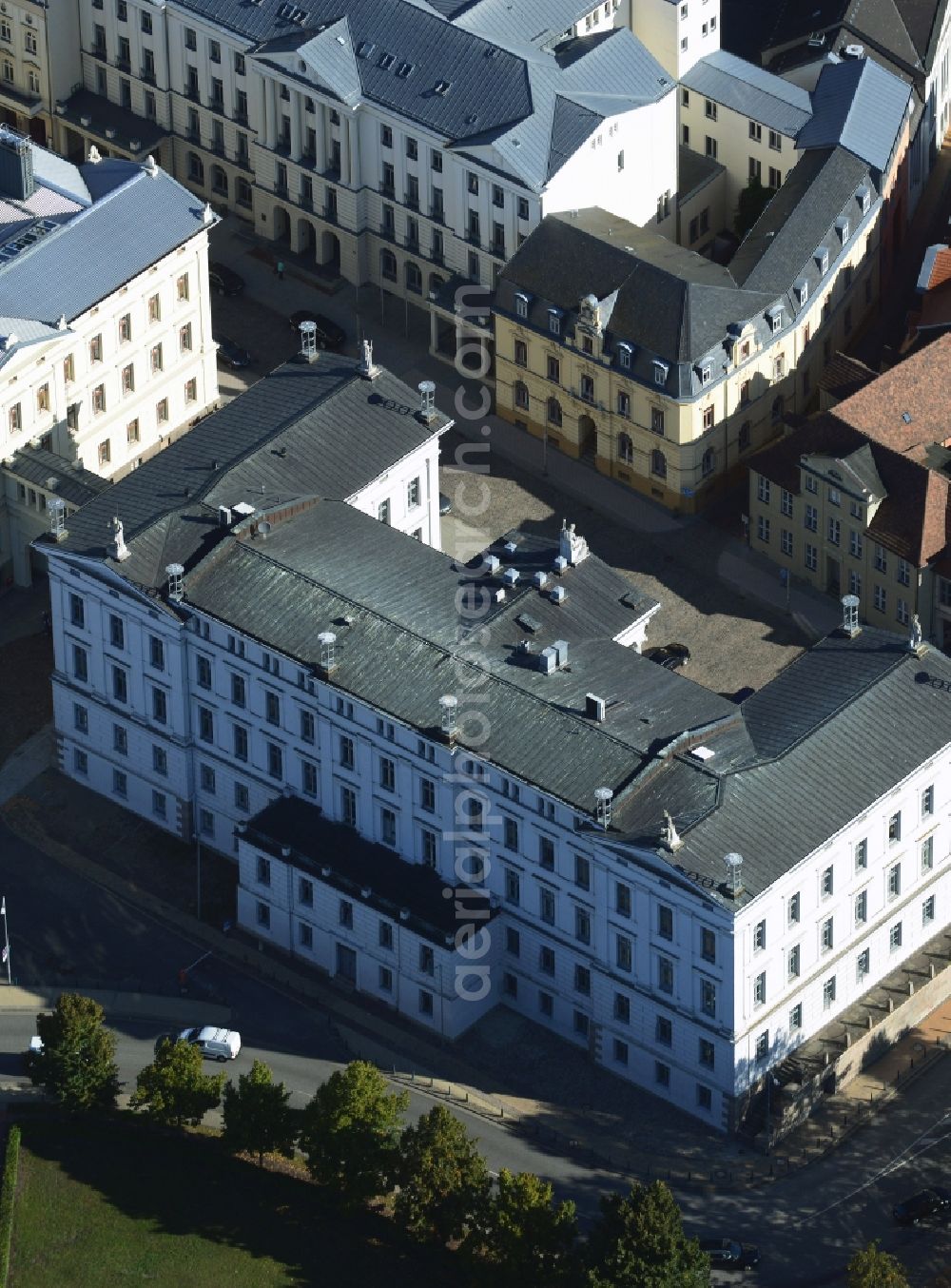 Aerial photograph Schwerin - Building of the State Chancellery, the office of the MP Prime Minister in Schwerin in Mecklenburg-Western Pomerania