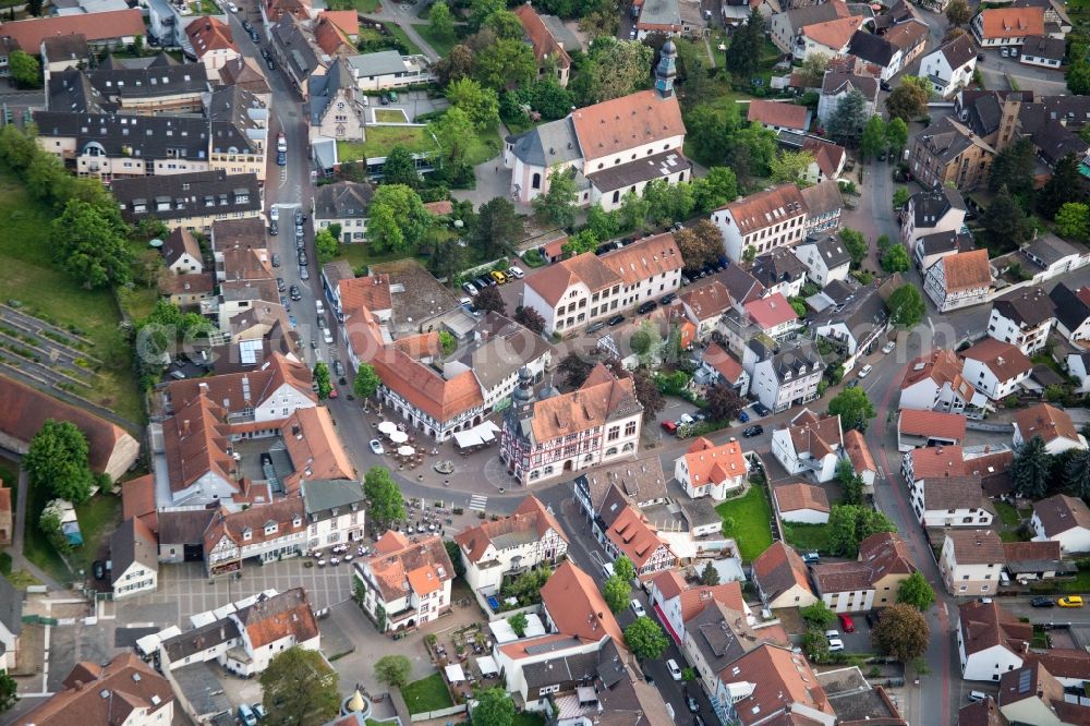 Lorsch from above - Town Hall building of the city administration Altes Rathaus in Lorsch in the state Hesse, Germany