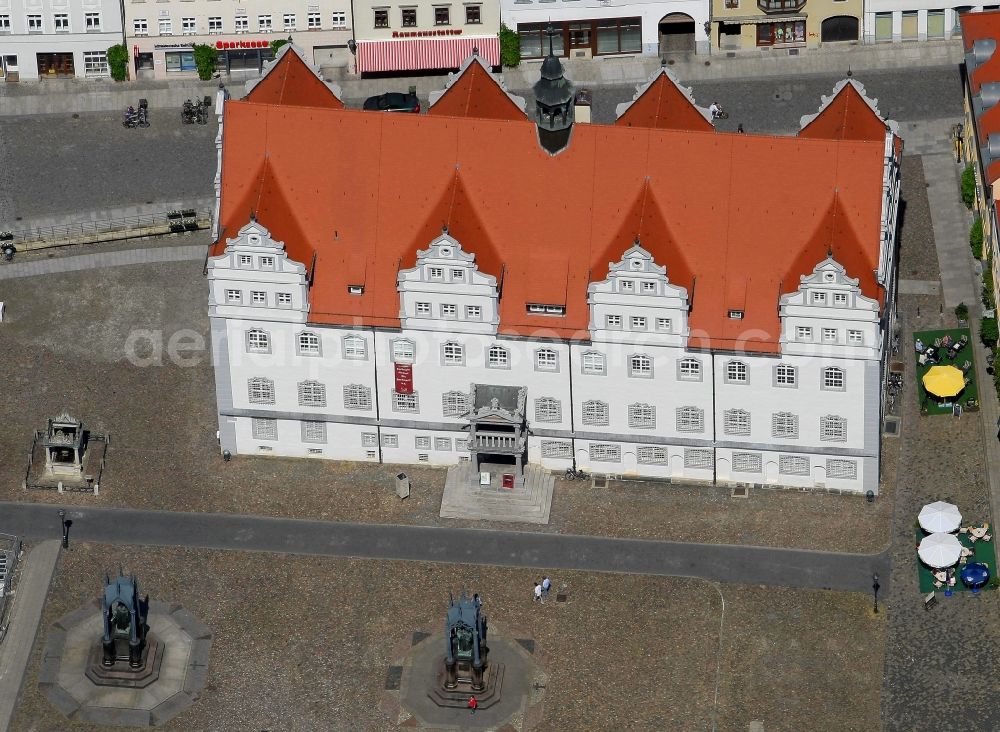 Lutherstadt Wittenberg from above - Town Hall building of the City Council at the market downtown in Lutherstadt Wittenberg in the state Saxony-Anhalt, Germany