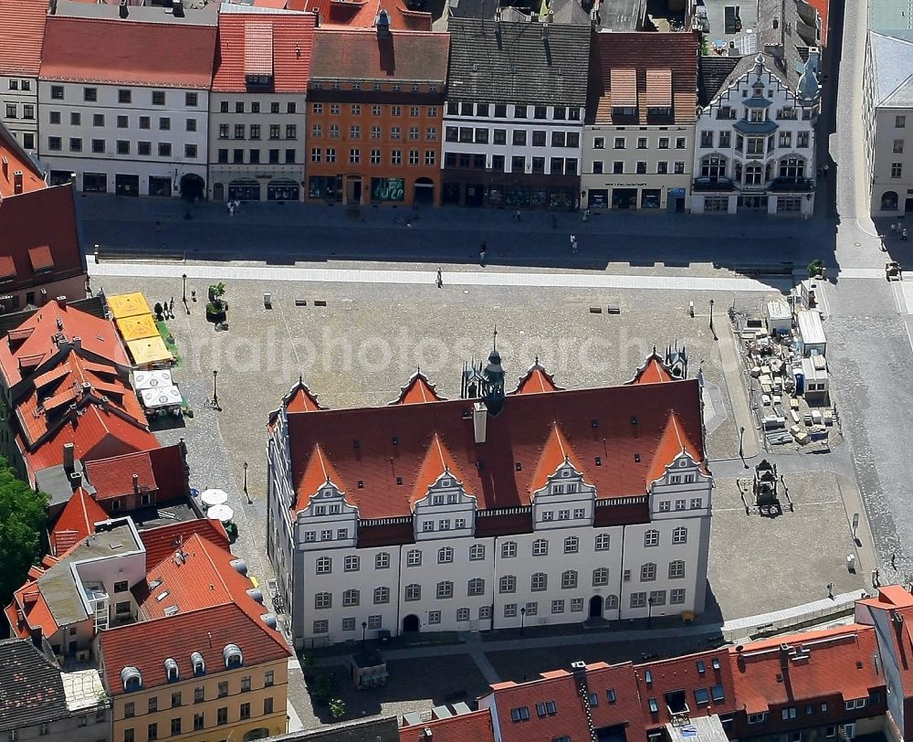 Lutherstadt Wittenberg from the bird's eye view: Town Hall building of the City Council at the market downtown in Lutherstadt Wittenberg in the state Saxony-Anhalt, Germany