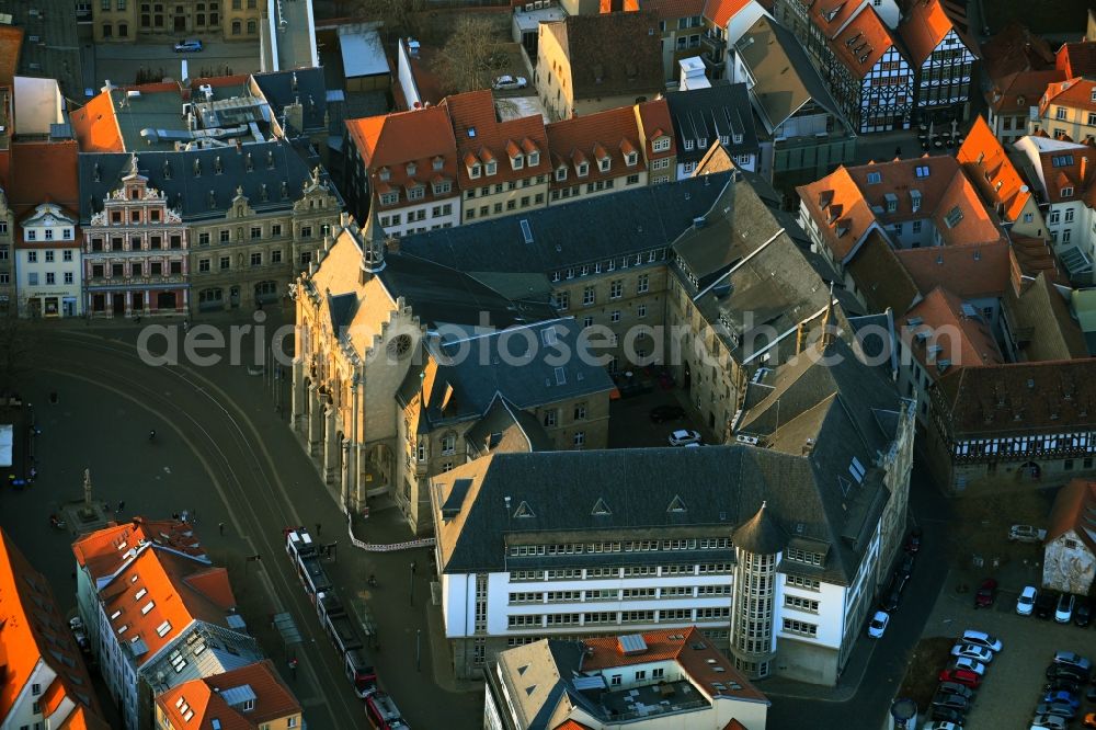 Erfurt from above - Town Hall building of the city administration on Fischmarkt in of Altstadt in Erfurt in the state Thuringia, Germany